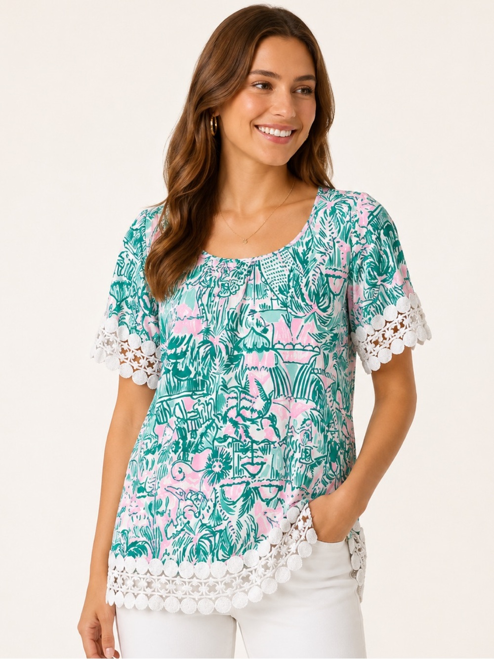 Lilly Pulitzer Pink & Green Floral Scoop Neck Tunic with Lace Trim